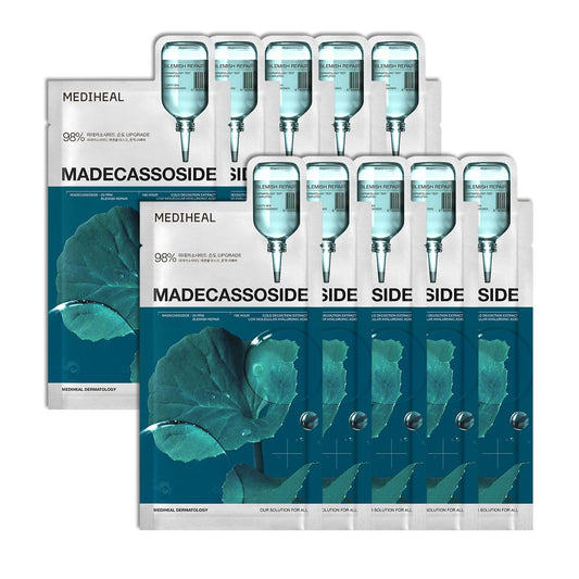 Madecassoside Essential Sheet Mask Blemish Repair 10 Pcs. 98% Purity Madecassoside & Hyaluronic Acid Included. Enhancing Moisture Barrier & Skin Texture Care. Vegan Formula Sheet Mask