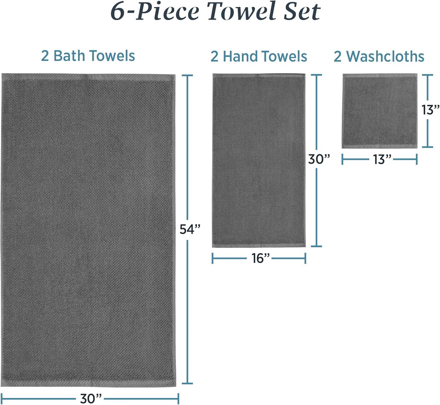 Franklin 100% Cotton Popcorn Textured Towel Set - 6 Piece 600 GSM, Soft & Plush, 2 Bath Towels, 2 Hand Towels, 2 Washcloths, Dark Gray