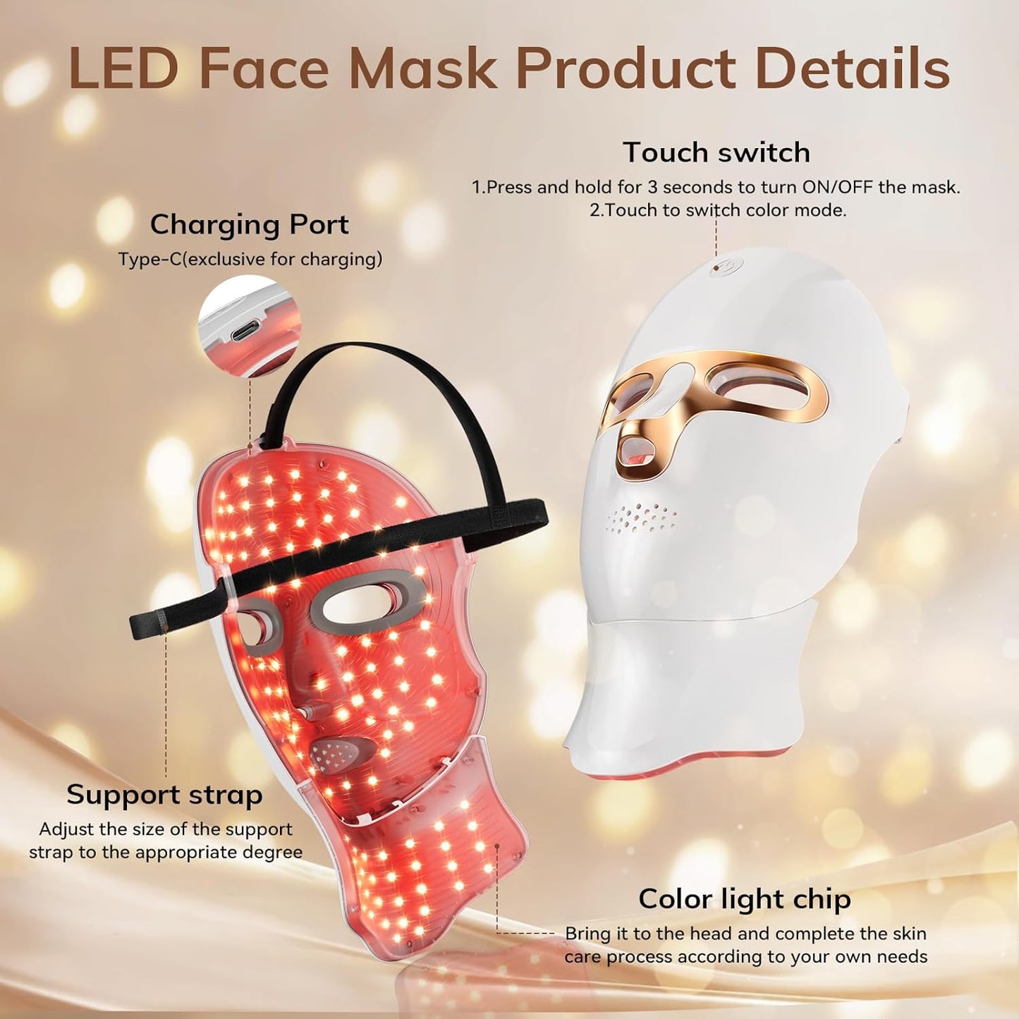 Red Light Therapy Mask for Face,Cordless LED Face Mask Light Therapy,Usb C Rechargeable,Infrared Lights Masks for Home Working Travel Yoga Sleep (Pure Black)
