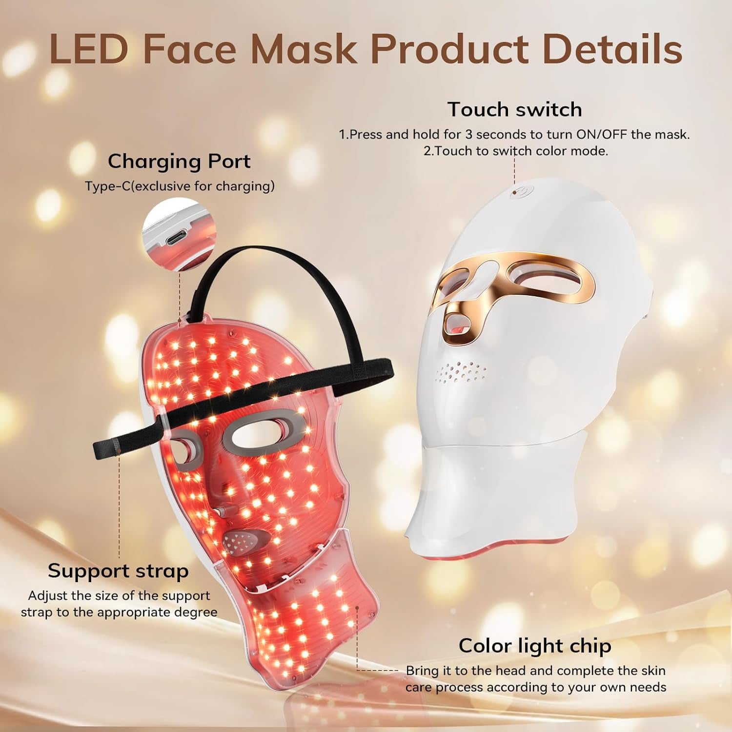 Red Light Therapy Mask for Face,Cordless LED Face Mask Light Therapy,Usb C Rechargeable,Infrared Lights Masks for Home Working Travel Yoga Sleep (Pure Black)