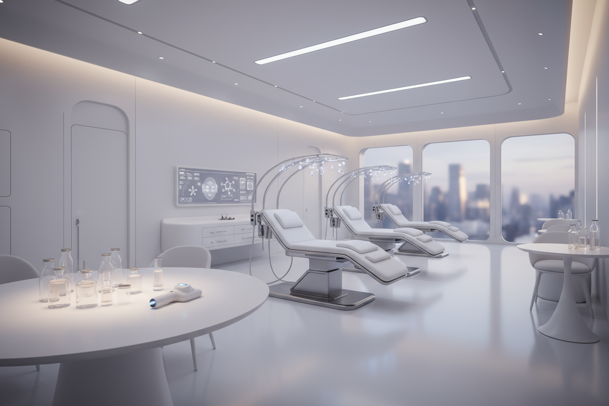 laboratoire futuriste, clean, blanc, sophistiqué avec des dispositifs de traitements doux de la peau, 
